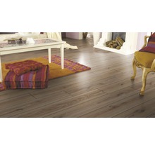 Wohnzimmer mit Laminatboden in Holzoptik, Tisch, Kamin und Sitzgelegenheiten.