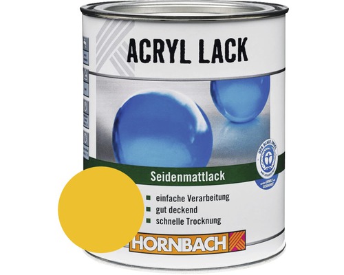 HORNBACH Buntlack Acryllack seidenmatt goldgelb 750 ml Acryllack Dose mit Farbbeispiel und Umweltzeichen Blauer Engel