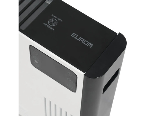 Detailansicht einer Heizung mit dem Eurom Logo und dem Symbol ''Nicht abdecken''.