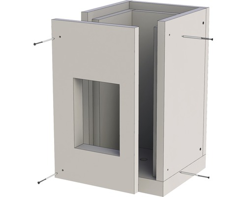 Montage eines Waschbeckenunterschranks mit Tür und Befestigungsschrauben