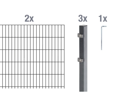 Doppelstabmatten-Set ALBERTS Typ 6/5/6 400 x 120 cm anthrazit Zwei Zaunelemente, drei Zaunpfosten und ein Schraubenschlüssel