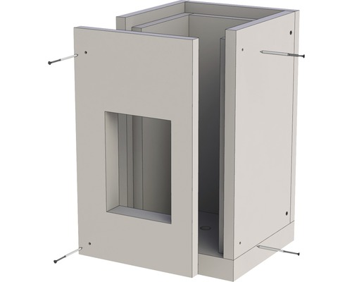 Holzunterschrank mit quadratischer Öffnung und Schrauben