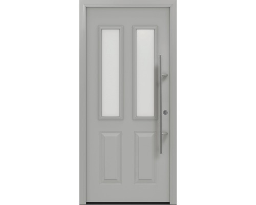 Haustür EcoStar ISOPRO Secur IPS 410S 1100 x 2100 mm Rechts RAL 9006 weißaluminium matt inkl. Beschlag-Set,Edelstahl Stangengriff,Sicherheitsprofilzylinder mit 5 Schlüsseln Haustür mit zwei Glaseinsätzen und einem Griff