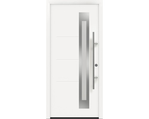 Haustür EcoStar ISOPRO Secur IPS 780S 1100 x 2100 mm Rechts RAL 9016 verkehrsweiß inkl. Beschlag-Set,Edelstahl Stangengriff,Sicherheitsprofilzylinder mit 5 Schlüsseln Weiße Haustür mit Edelstahlgriff und Glaseinsatz