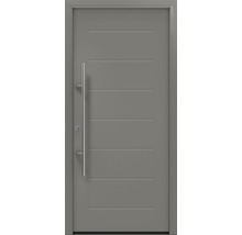 Graue Haustür mit Griff und horizontalen Linien