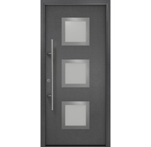 Haustür mit drei quadratischen Glaseinsätzen und Edelstahlgriff
