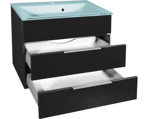 Badmöbel mit zwei Schubladen und Aufsatzwaschbecken aus Glas