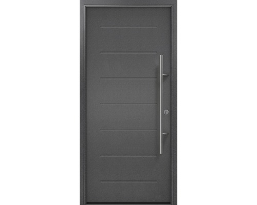 Haustür EcoStar ISOPRO Secur IPS 015 1100 x 2100 mm Rechts CH703 anthrazit metallic inkl. Beschlag-Set,Edelstahl Stangengriff,Sicherheitsprofilzylinder mit 5 Schlüsseln Graue Haustür mit horizontalen Zierlinien und Stangengriff