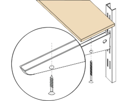 Abbildung eines Regalsystems mit Regalträger, Regalschiene, Schrauben und einem Regalbrett.