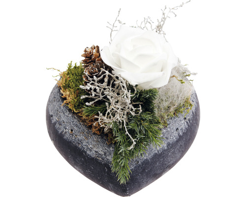 Grabgesteck Keramikherz mit Rose Ø ca. 14 cm H ca. 11 cm weiß Herzförmiges Pflanzgefäß mit Rose, Moos und Tannenzapfen
