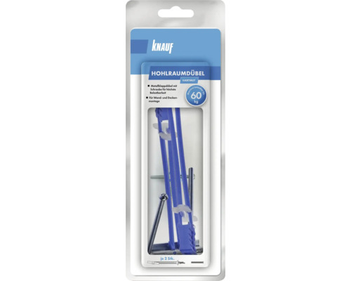 Knauf Gipsplatten-Klappdübel Hohlraumdübel 60 mm Pack = 2 St Knauf Hohlraumdübel Hartmut mit einer Traglast von 60 Kilogramm in einer Verpackung.