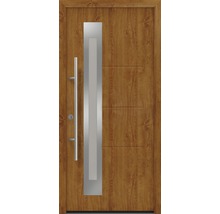 Haustür mit Holzoptik, Edelstahlgriff und Glaseinsatz