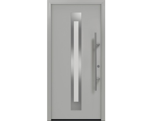 Haustür EcoStar ISOPRO Secur IPS 770S 1100 x 2100 mm Rechts RAL 9006 weißaluminium matt inkl. Beschlag-Set,Edelstahl Stangengriff,Sicherheitsprofilzylinder mit 5 Schlüsseln Graue Haustür mit Edelstahlapplikationen und Stangengriff