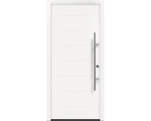 Haustür EcoStar ISOPRO Secur IPS 015 1100 x 2100 mm Rechts RAL 9016 verkehrsweiß inkl. Beschlag-Set,Edelstahl Stangengriff,Sicherheitsprofilzylinder mit 5 Schlüsseln Weiße Haustür mit Edelstahlgriff und horizontalen Rillen