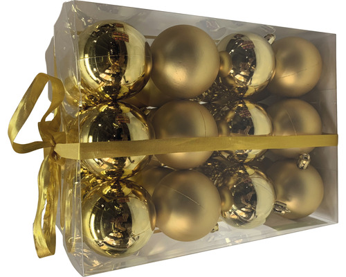 Verpackung goldene Weihnachtskugeln mit Schleife