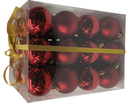 Karton mit roten Weihnachtskugeln