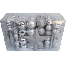 Weihnachtsbaumschmuck-Set mit Christbaumkugeln und Baumspitze in transparenter Verpackung