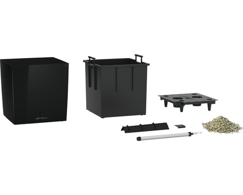 Komplettes Pflanzgefäß-Set mit Einsatz, Bewässerungssystem, Wasserstandsanzeiger und Pflanzgranulat.