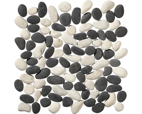 Natursteinmosaik Flusskiesel 30,0x30,0 cm weiß schwarz Fliesenmatte mit Kieselsteinen in Schwarz und Weiß