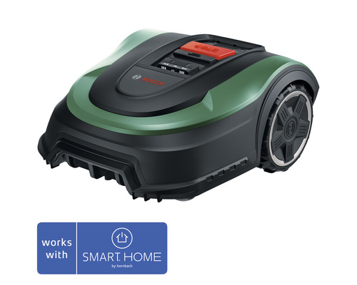Bosch Mähroboter mit roter Stopptaste und Smart Home Kennzeichen