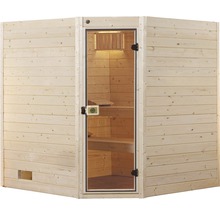 Finnische Sauna aus Holz mit Glastür und Bänken