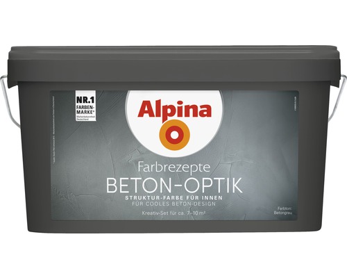 Alpina Betonoptik Effektfarbe für den Innenbereich im grauen Eimer.