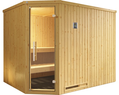 Holzsauna mit Glastür und digitalem Bedienfeld