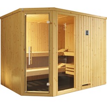 Holzsauna mit Glastür und Bänken