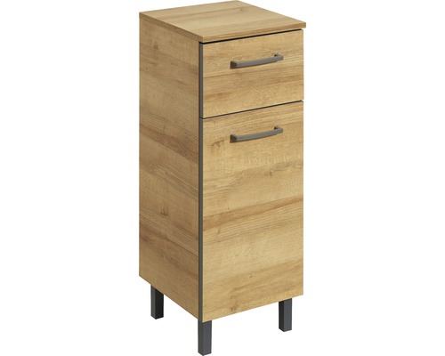 Holzfarbener Badezimmer-Unterschrank mit zwei Schubladen und Füßen