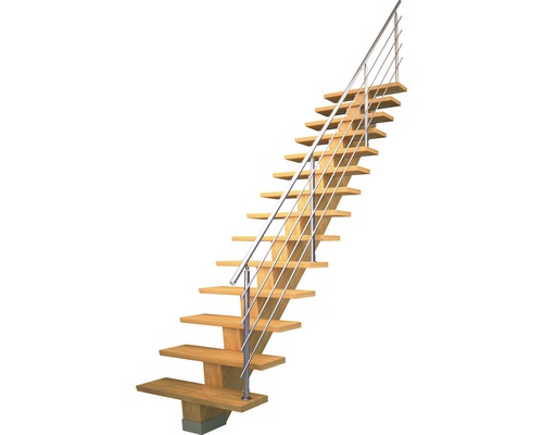 Holztreppe mit Metallgeländer