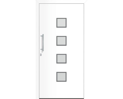Weiße Haustür mit vier quadratischen Glaseinsätzen und einem Griff aus Metall
