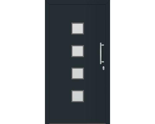 Haustür mit vier quadratischen Lichtausschnitten und Griff