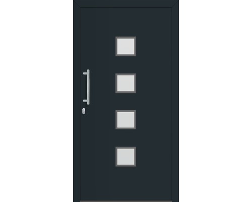 Haustür mit vier quadratischen Glaseinsätzen und einem Griff
