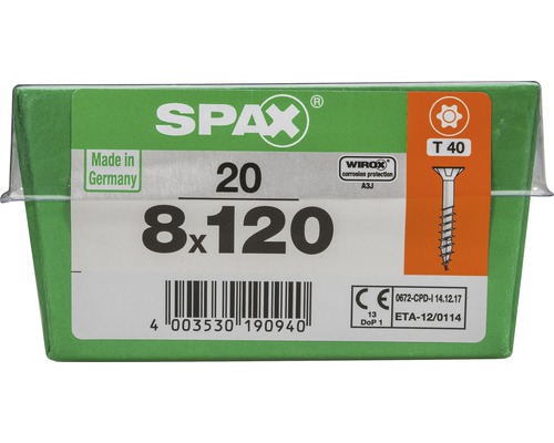 Spax Universalschraube Senkkopf Stahl gehärtet T 40, Holz-Teilgewinde 8x120 mm, 20 Stück