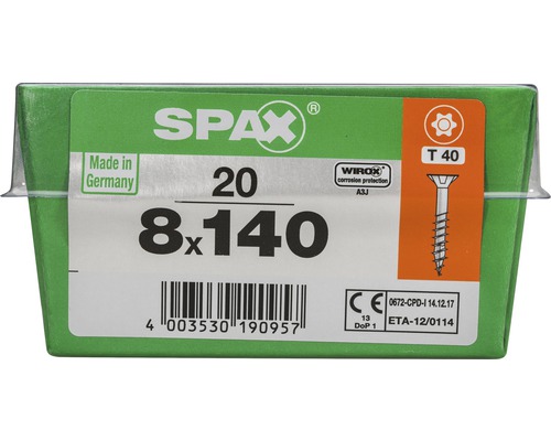 Spax Universalschraube Senkkopf Stahl gehärtet T 40, Holz-Teilgewinde 8x140 mm, 20 Stück Spax Universalschraube Senkkopf Stahl gehärtet T 40, Holz-Teilgewinde 8x140 mm, 20 Stück