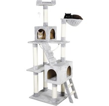 Grauer Katzenkratzbaum mit Liegeflächen und Katzen