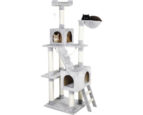 Grauer Katzenkratzbaum mit Liegeflächen und Katzen