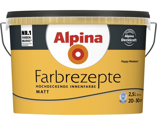 Eimer mit Alpina Innenfarbe, Farbton Happy Weekend, 2,5 Liter für circa 20 bis 30 Quadratmeter, matte, hochdeckende Innenfarbe.