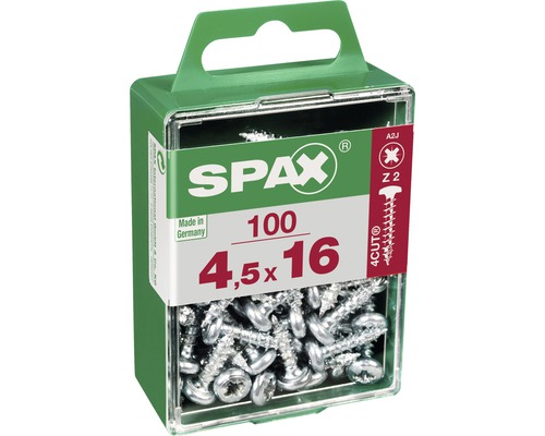 Spax Universalschraube Kreuzschlitz PZ 2, Halbrundkopf, 4,5x16 mm, 100 Stück Spax Universalschrauben im transparenten Behälter, Größe 4,5x16 mm, 100 Stück