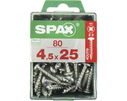 Spax Universalschraube Kreuzschlitz PZ 2, Halbrundkopf, 4,5x25 mm, 80 Stück Spax Universalschrauben im Kunststoffbehälter, 4,5 x 25 mm, 80 Stück