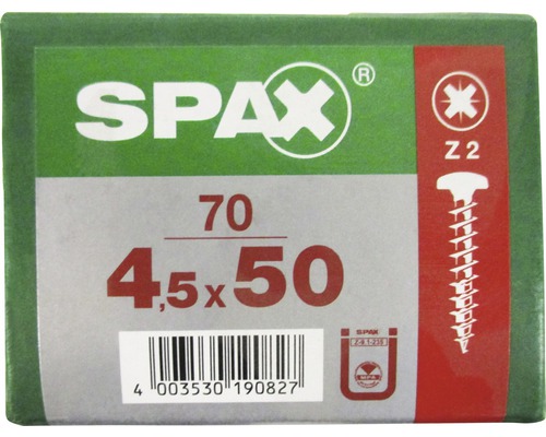 Spax Universalschraube Kreuzschlitz PZ 2, Halbrundkopf, 4,5x50 mm, 70 Stück SPAX Schraubenverpackung, Größe 4,5 x 50 Millimeter