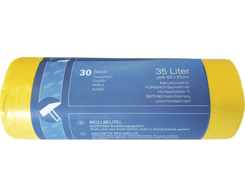 Müllbeutel Extra gelb 35 L 30er Pack Gelbe Müllbeutelrolle, 30 Stück, 35 Liter, circa 60 x 63 Zentimeter