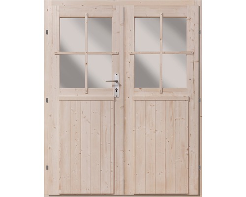Doppeltür aus Holz mit Glaseinsätzen und Griff