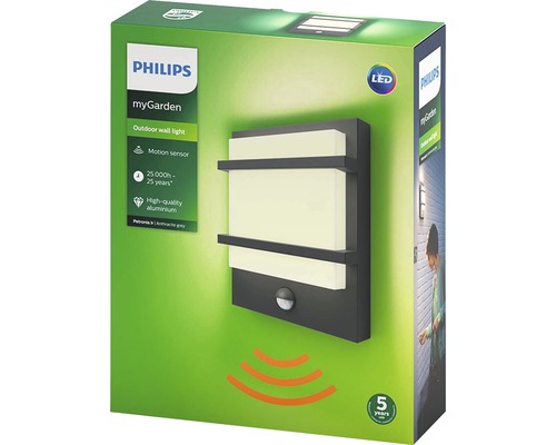 Verpackung einer Philips MyGarden Außenwandleuchte mit Bewegungssensor aus Aluminium