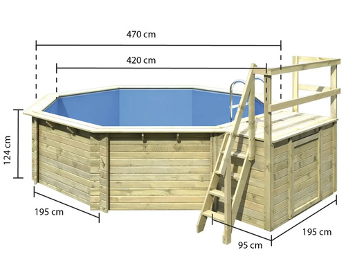 Achteckiger Holzpool mit Leiter und Plattform sowie Größenangaben.