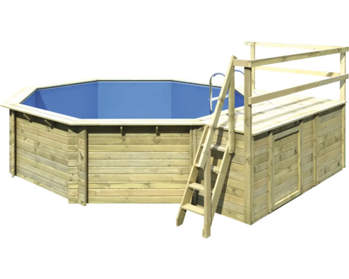 Aufstellpool Holzpool-Set Karibu Classic 2C rund Ø 470x124 cm inkl. Leiter, Bodenschutzvlies, Sonnendeck & 1 Flügel Holz-0