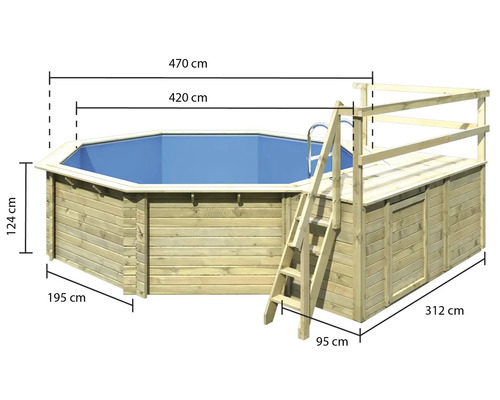 Achteckiger Holzpool mit Leiter und Plattform sowie Maßangaben