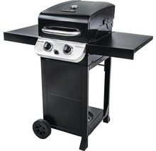 Schwarzer Gasgrill mit zwei Brennern und Ablagetischen