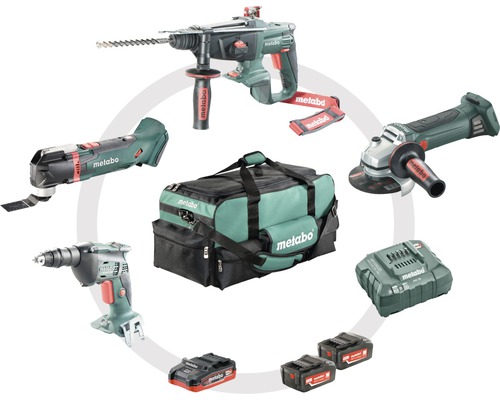 Combo Set Metabo 18V Akkutrockenbauschrauber SE18LTX4000 + Akkubohrhammer KHA18LTX + Akkuwinkelschleifer W18LTX125 + Akkumultitool MT18LTX inkl. Akku und Lagegerät Metabo Werkzeugset mit Bohrmaschine, Schleifmaschine, Säge, Ladegerät, Akkus und Tasche