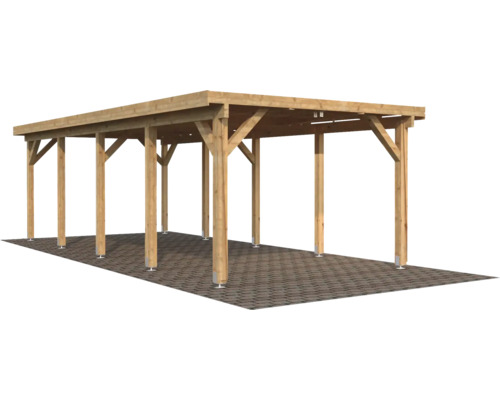 Holzcarport mit mehreren Pfosten auf Steinpflaster